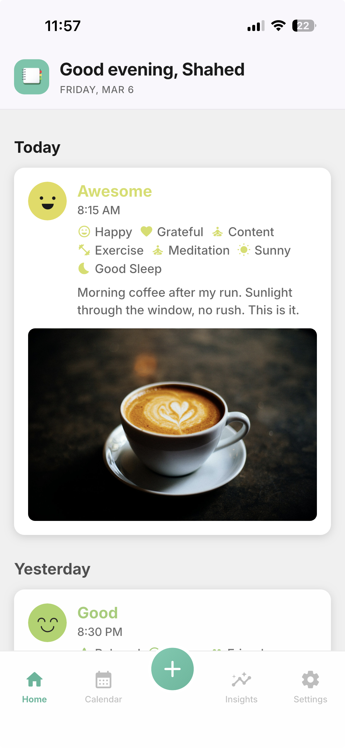 DearMood home screen showing today's mood entry