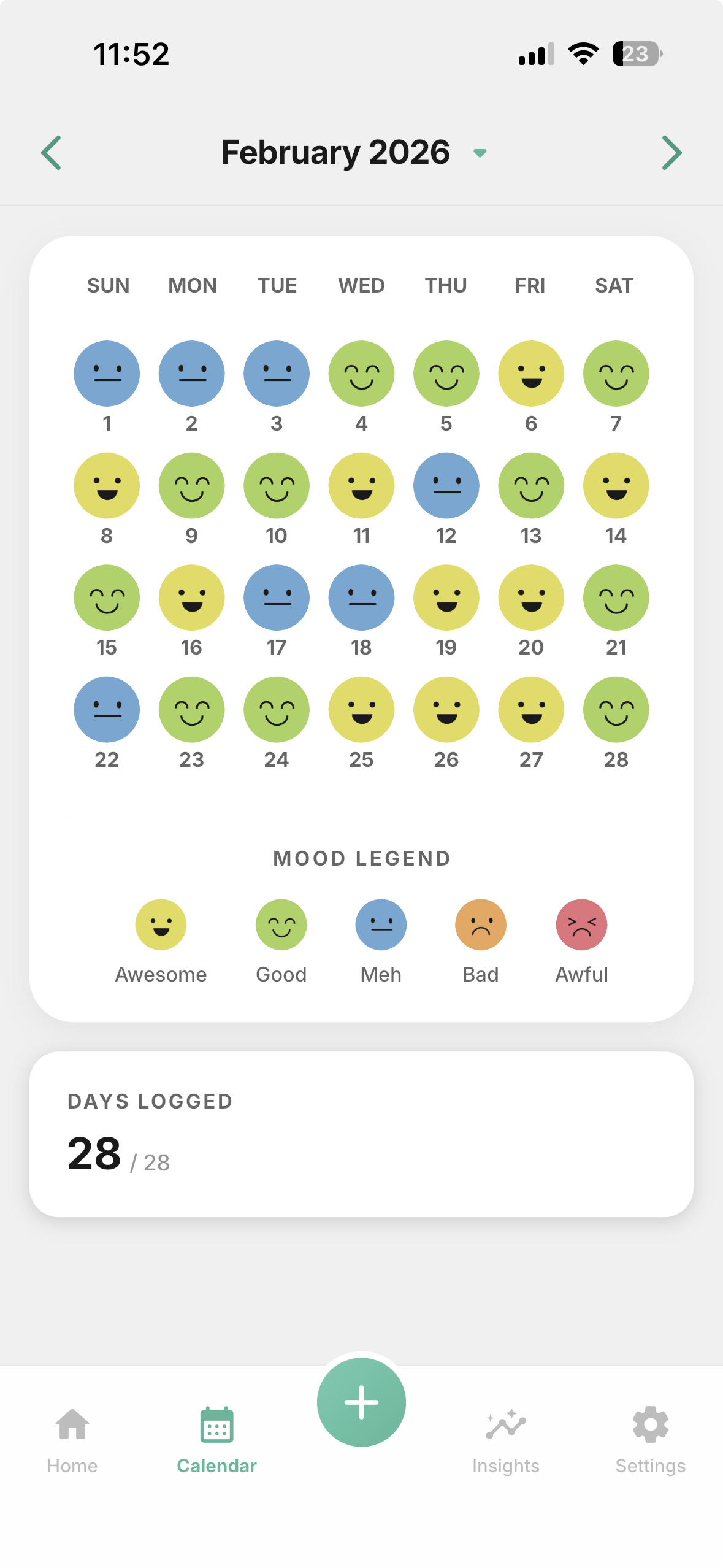DearMood calendar showing mood for every day in February