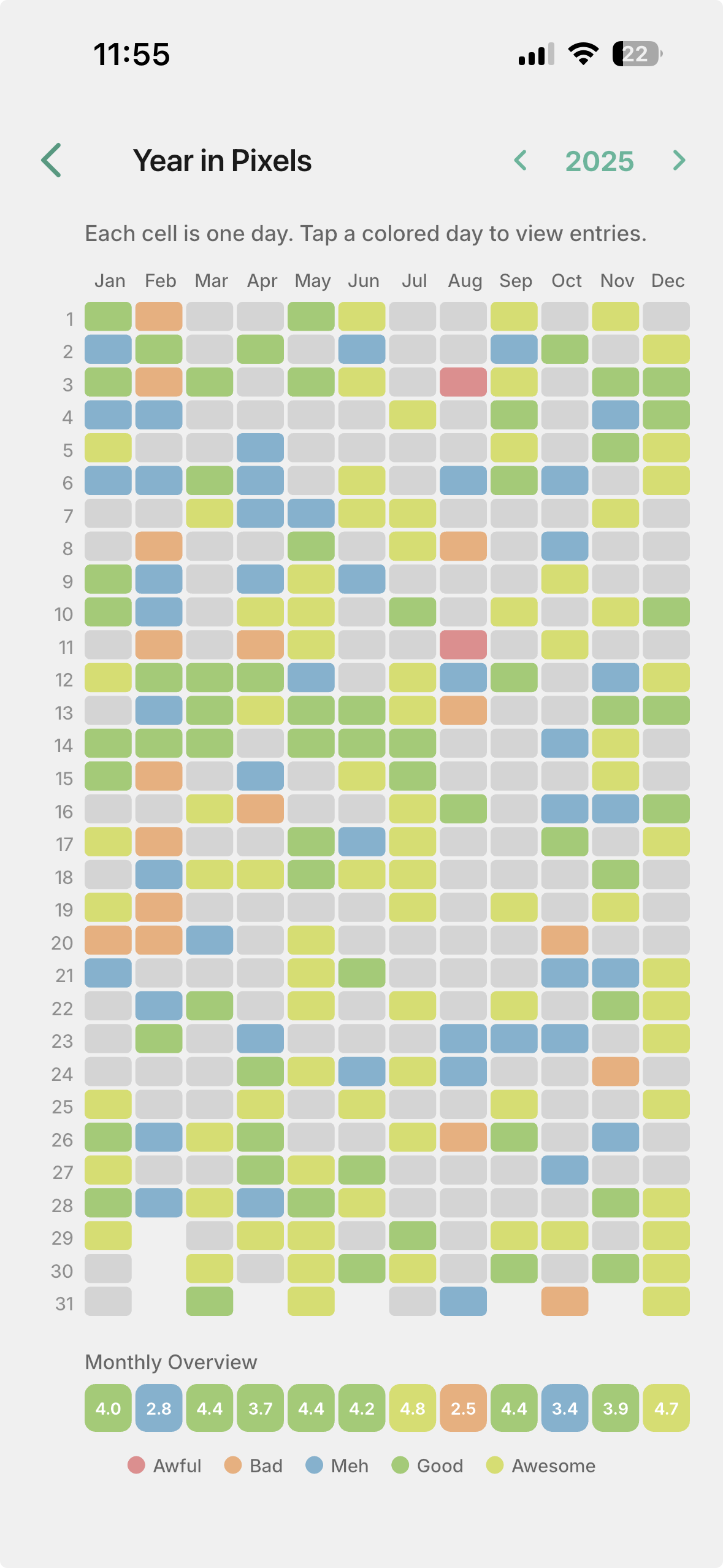 DearMood Year in Pixels showing a full year of mood data